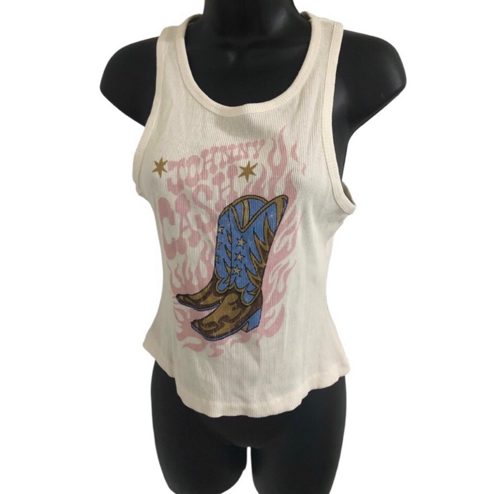 Johnny Cash cream ribbed cowboy boots graphic print racerback tank top size M